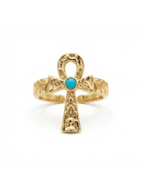 316 Stainless Steel Ankh Ring – Free Size – Gold Egyptian Life Symbol with Turquoise Stone – Anti‑Rust & Anti‑Fade